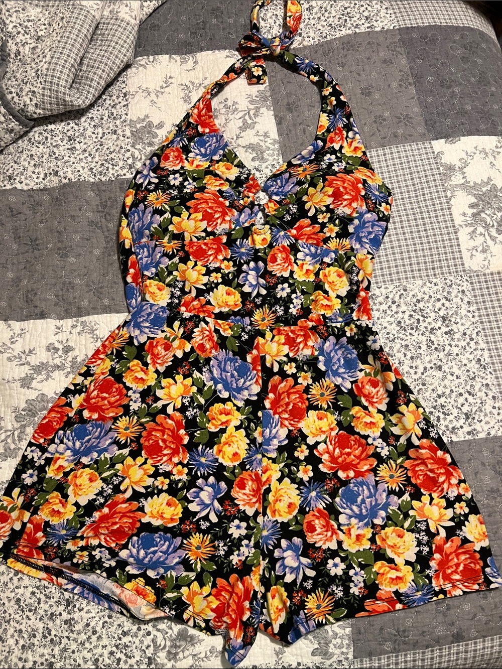 Derek Heart Summer Black Halter Romper with Red, Yellow ,Blue Floral Print